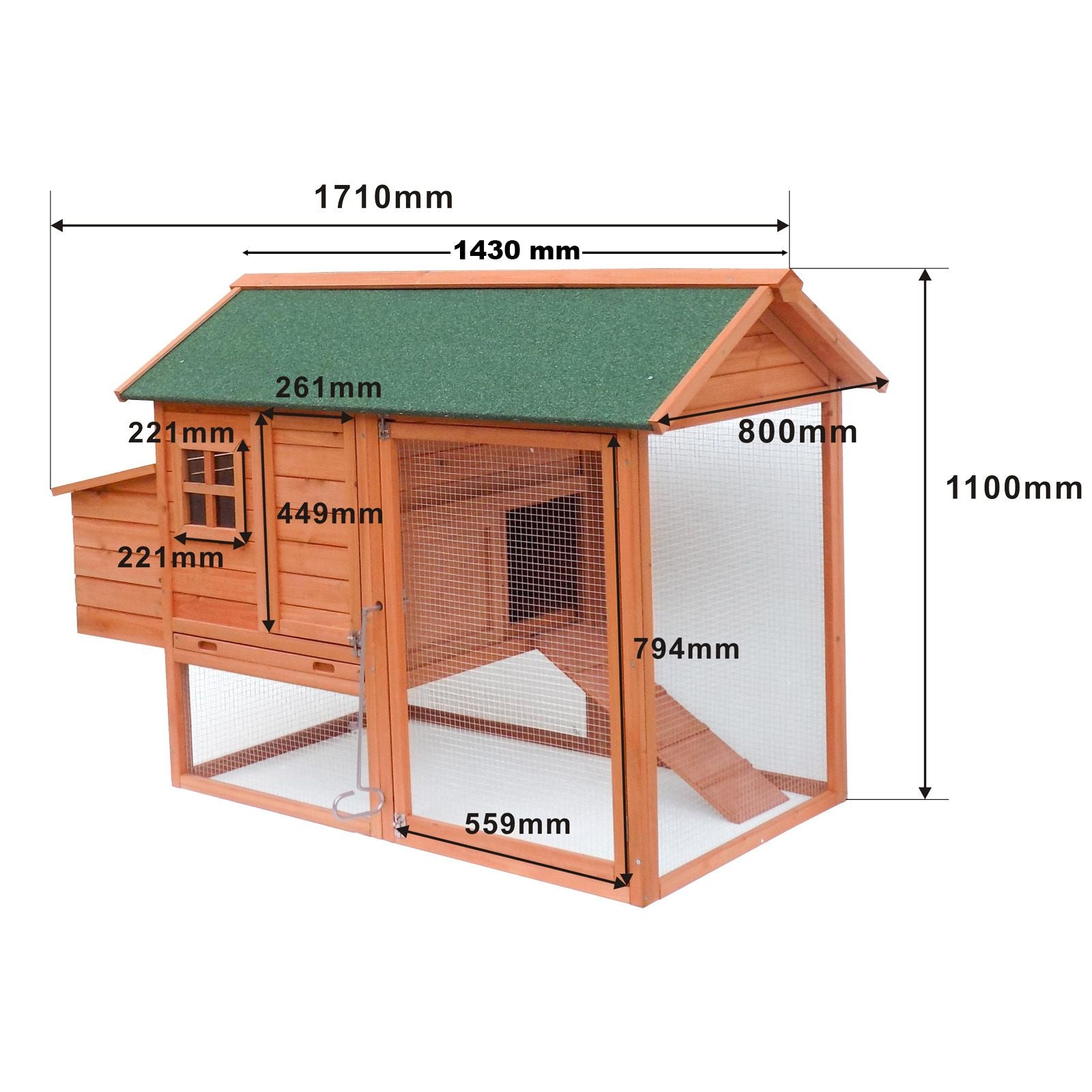 Cușca de găini cu alergare liberă și adăpost înălțat, 1710x800x1100mm