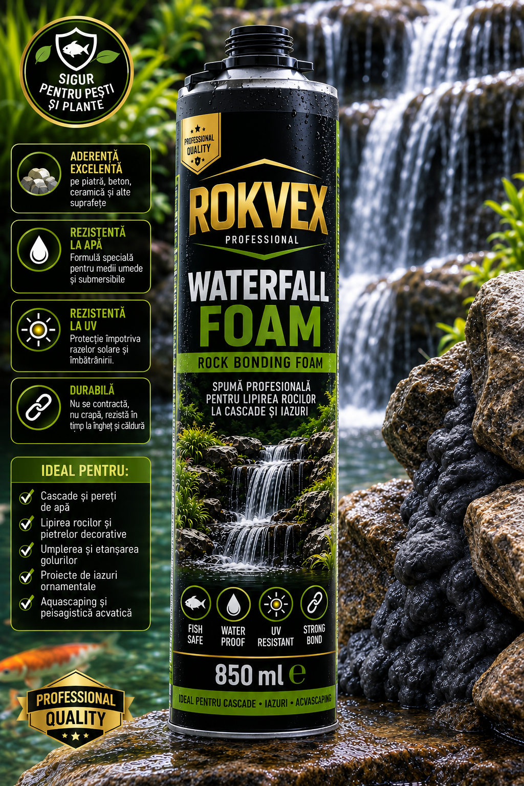 ROKVEX Waterfall Foam 850 ml – Spumă profesională pentru lipirea rocilor la cascade și iazuri