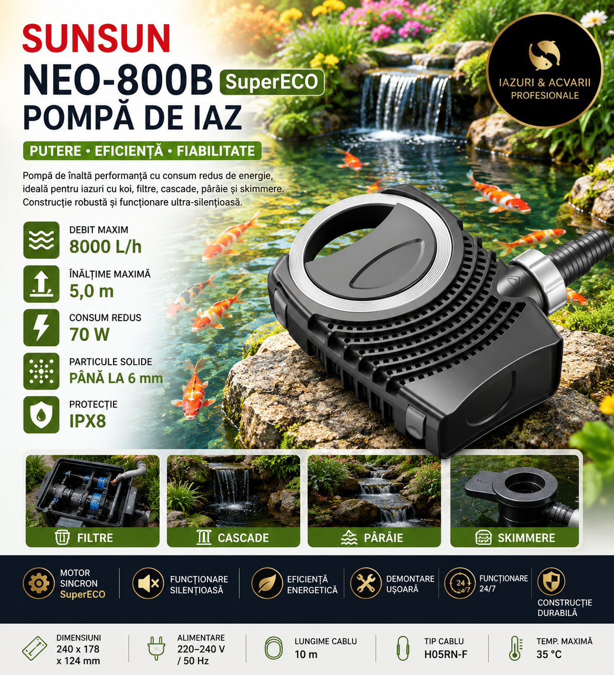 Pompă de iaz SunSun NEO-800B SuperECO 8000 l/h, 70 W – Pompă Filtrare, Skimmer și Cascadă