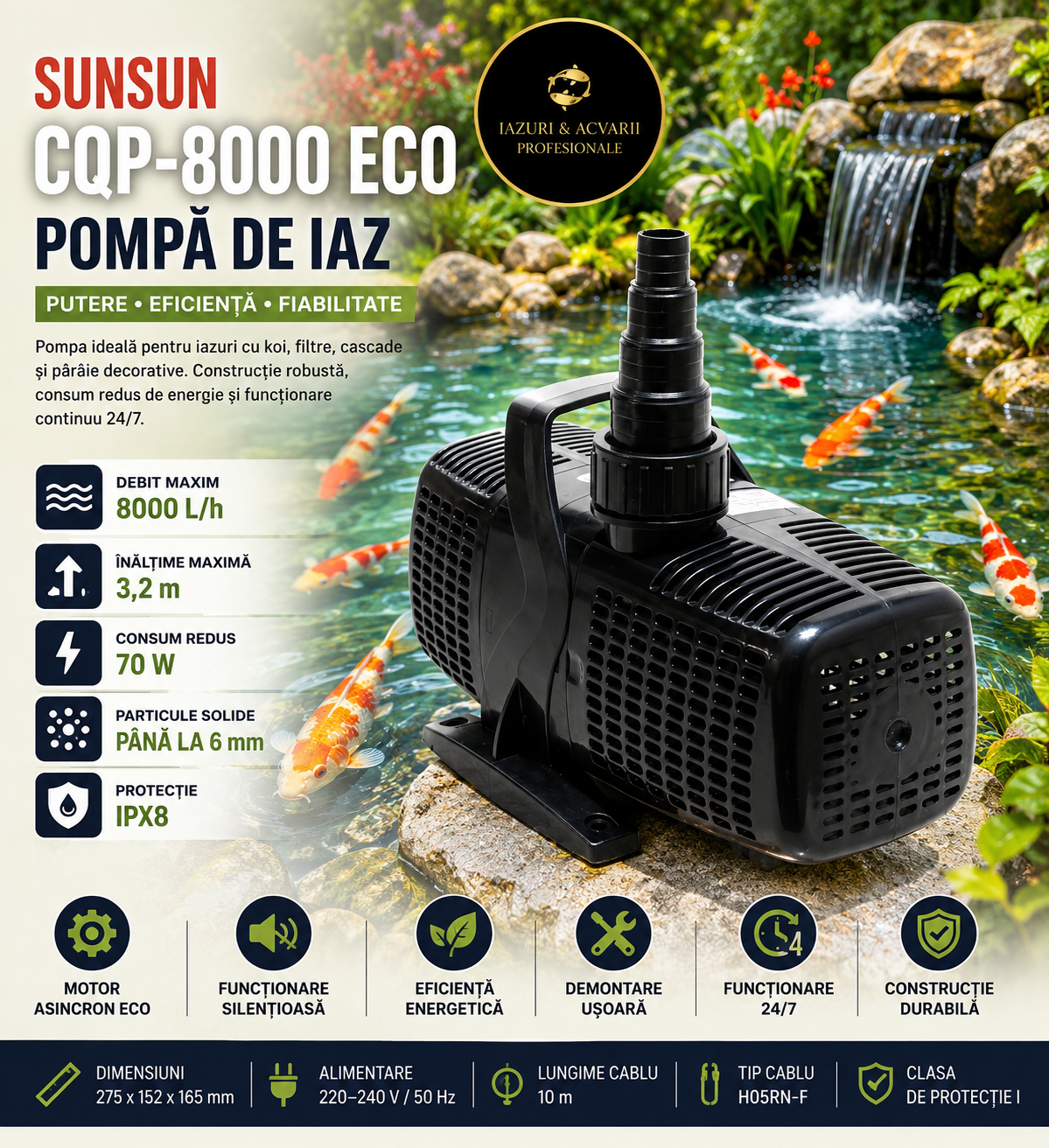 Pompă de iaz SunSun CQP-8000 ECO 8000 l/h, 70 W – Pompă Filtrare, Cascadă și Circulație pentru Iazuri Koi