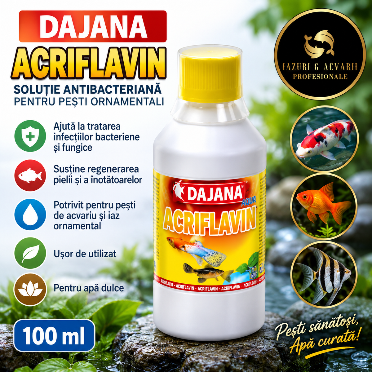 Dajana Acriflavină 250 ml – Tratament Antifungic și Antiparazitar pentru Acvariu