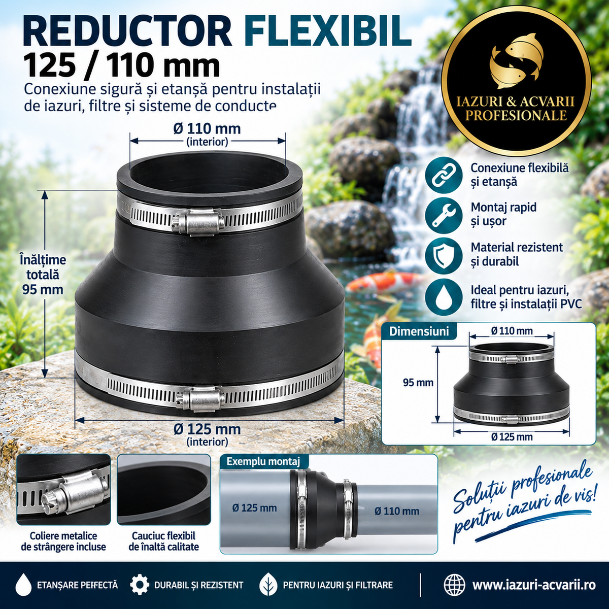 Reductor din cauciuc 125/110 mm pentru țevi și iaz