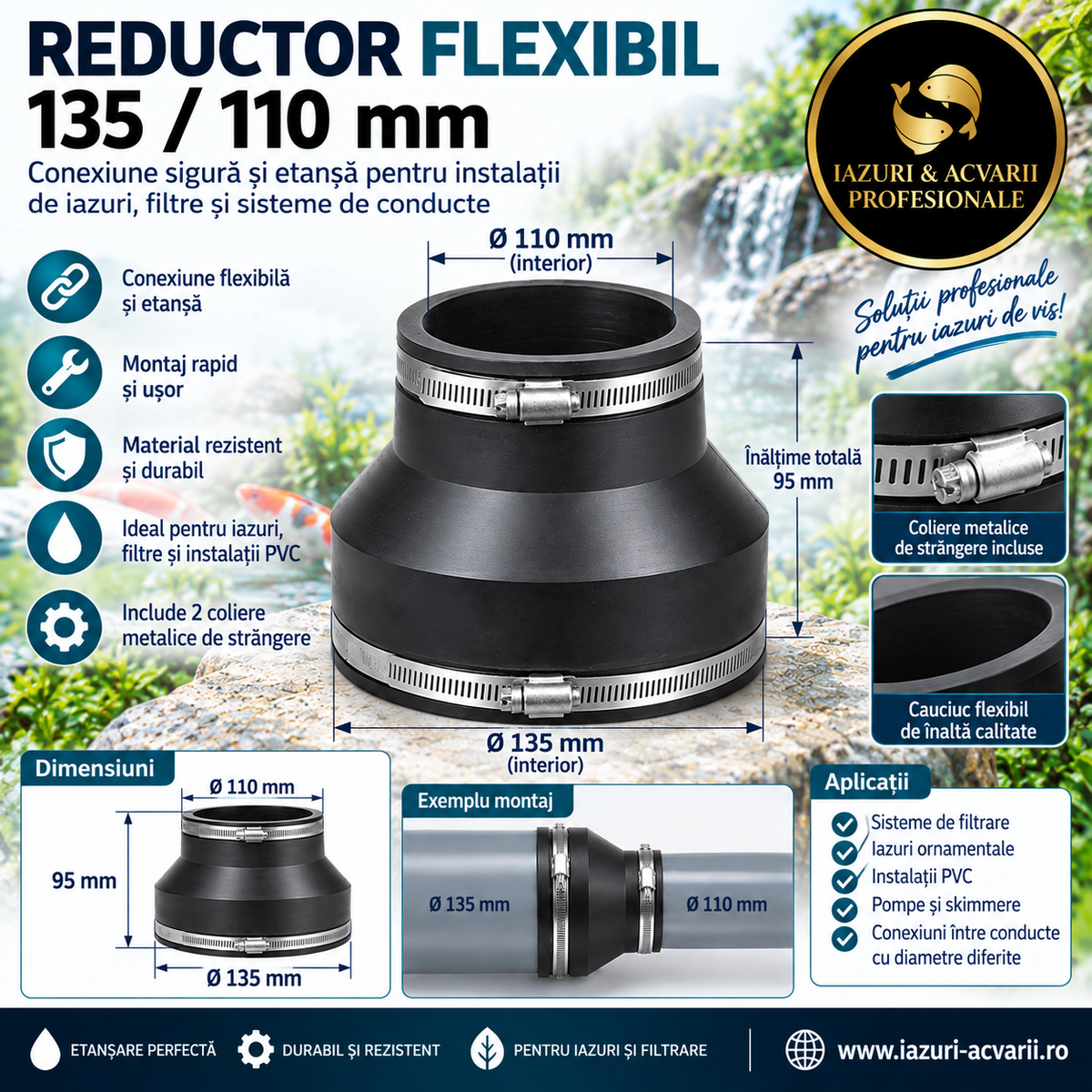 Reductor flexibil din cauciuc 135/110 mm pentru iaz