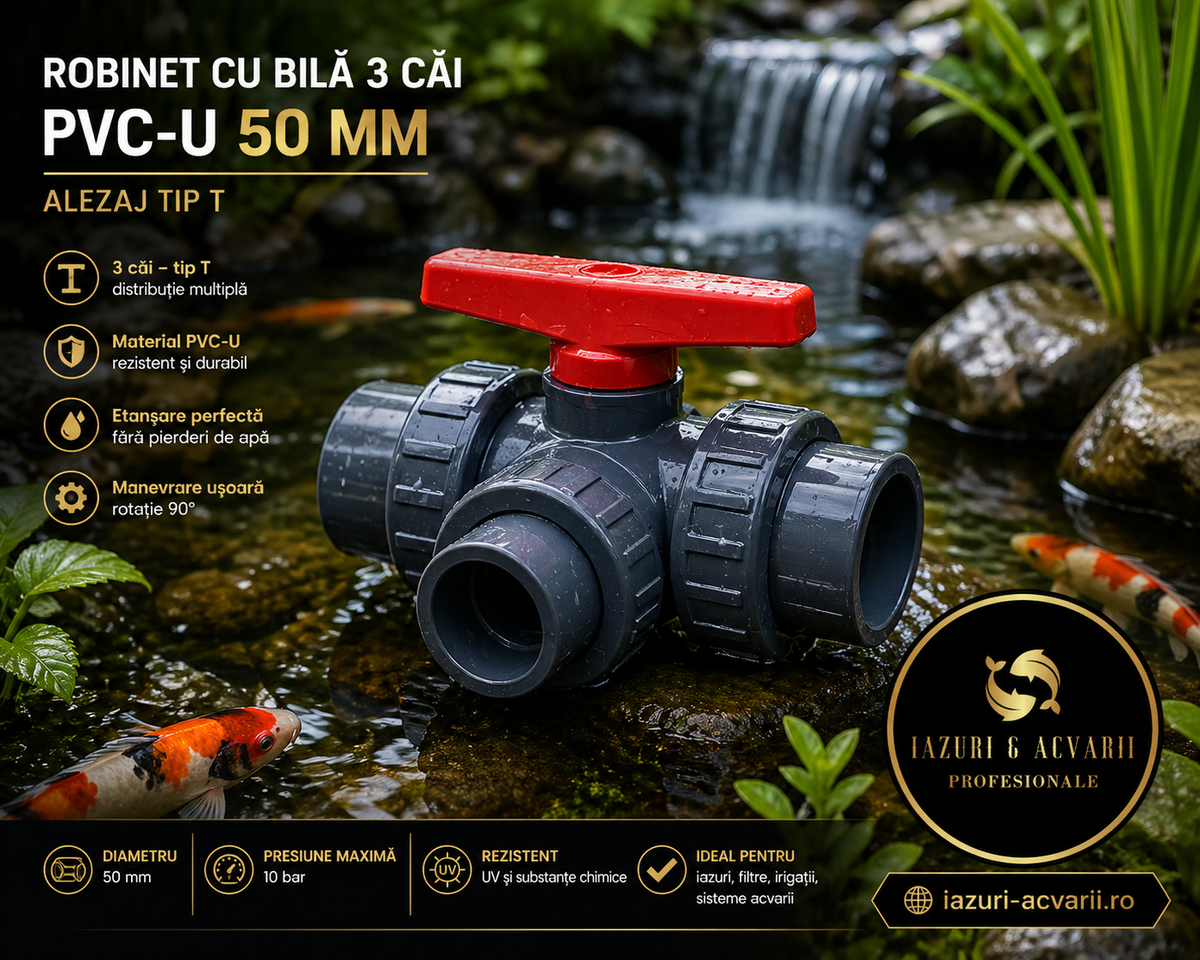 Robinet cu bilă PVC cu 3 căi 50mm orificiu T