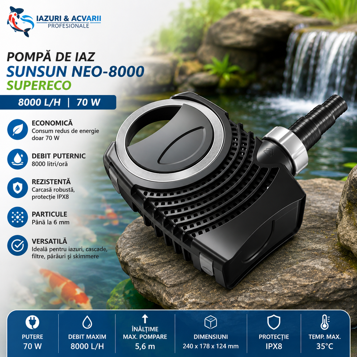 Pompă iaz SunSun NEO-8000 8000 l/h – SuperECO 70 W