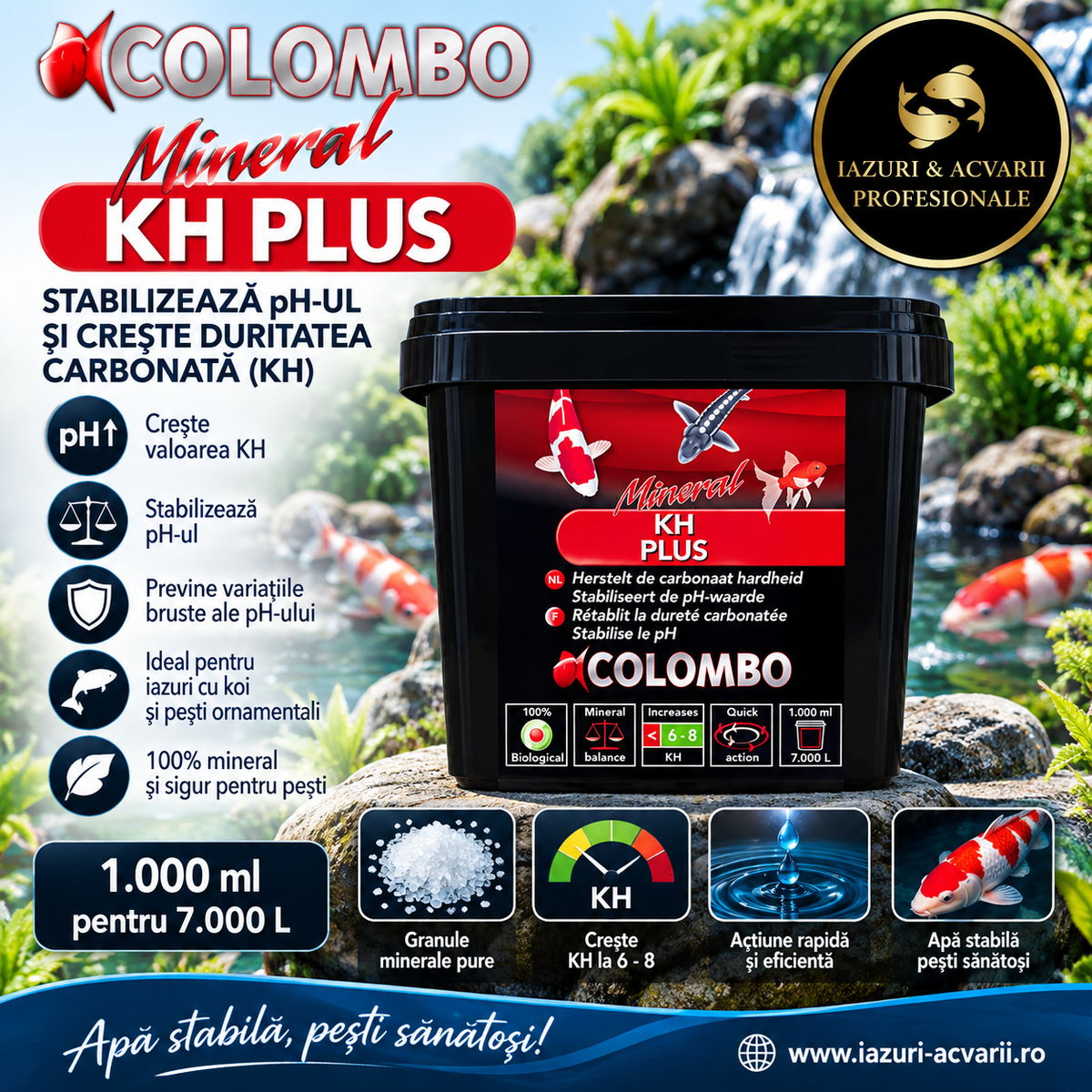 Colombo KH+ 1000 ml – Crește KH-ul și stabilizează pH-ul în iaz