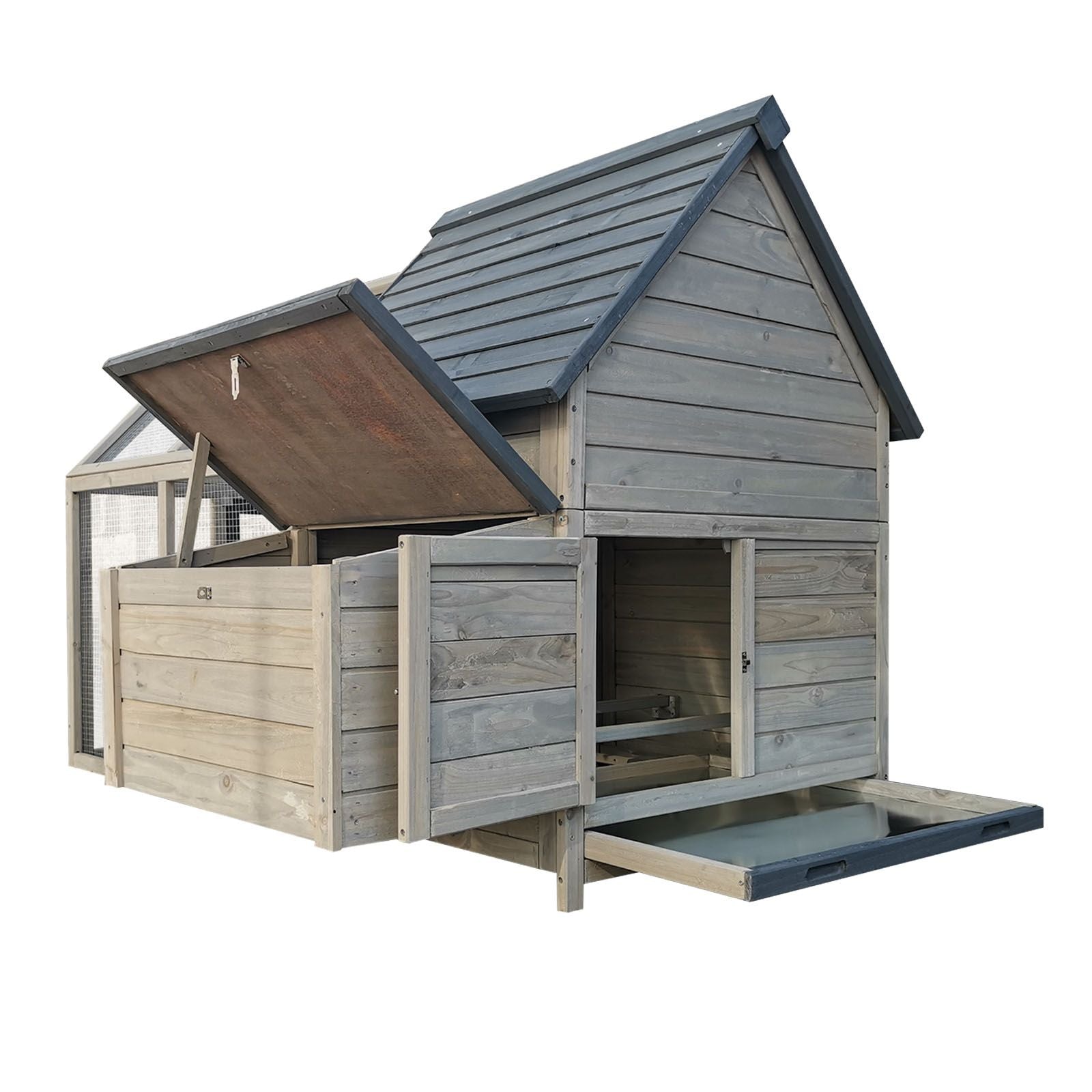 Cușca de găini albastru-gri 167x118x112cm, cutie de cuibar și alergare liberă, lemn