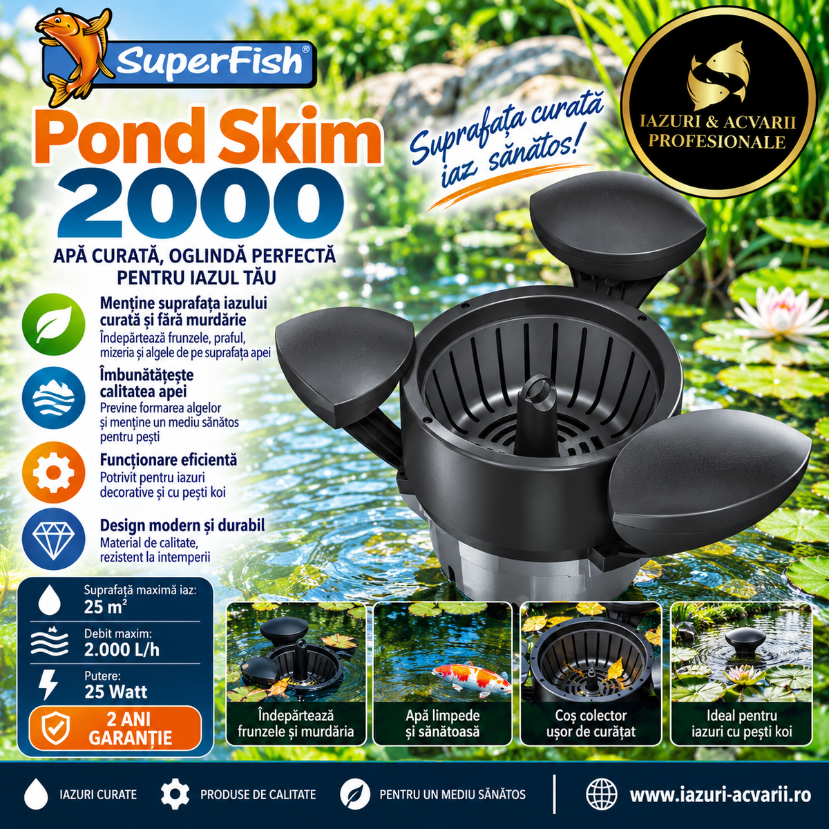 SuperFish Pond Skim 2000 – Skimmer plutitor pentru iaz 2.000 L/h