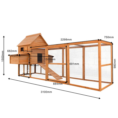 Cușca de găini cu cutii de cuib și alergare liberă, 310x150x150cm, incintă din lemn