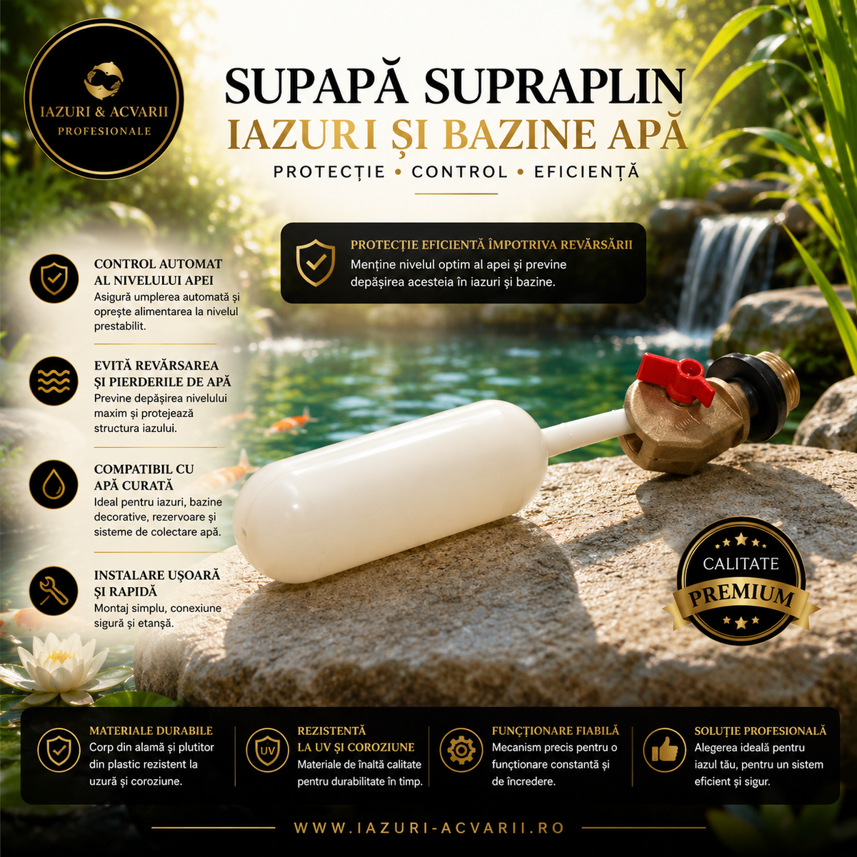 Supapă Reglare Nivel Apă cu Plutitor pentru Iazuri și Bazine