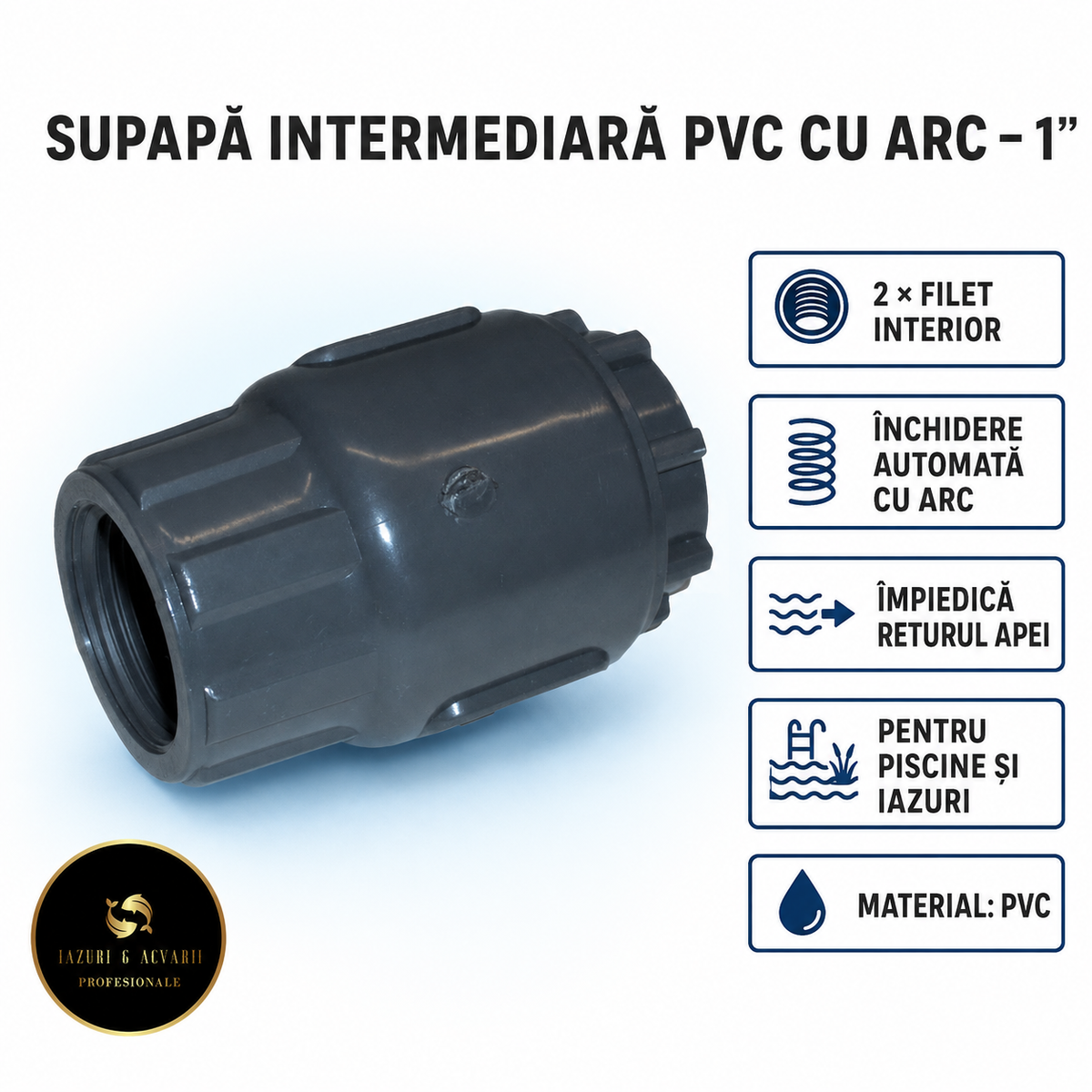 Supapă intermediară din PVC cu arc, 1" 2 x filet interior