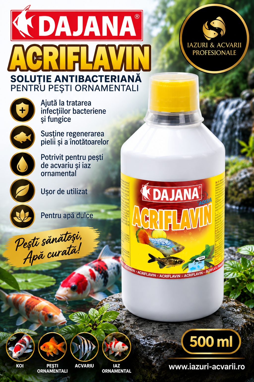 Dajana Acriflavină 500 ml – Tratament Antifungic și Antiparazitar pentru Acvariu