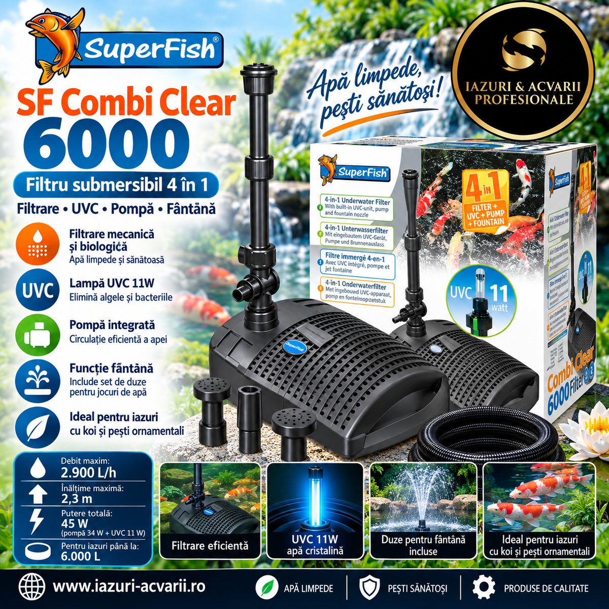 SuperFish Combi Clear 6000 – Filtru iaz 4-în-1 cu pompă 2.900 L/h și UVC 11 W