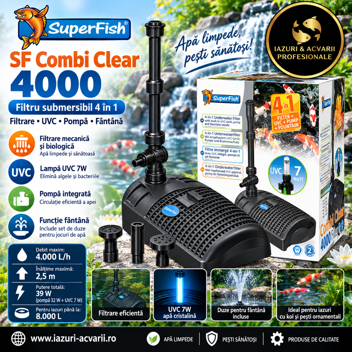 SuperFish Combi Clear 4000 – Filtru iaz 4-în-1 cu pompă 1.950 L/h și UVC 7 W