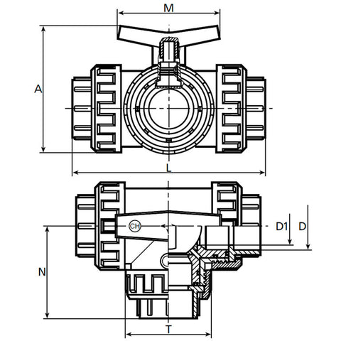 Robinet cu bilă PVC cu 3 căi 40mm orificiu T