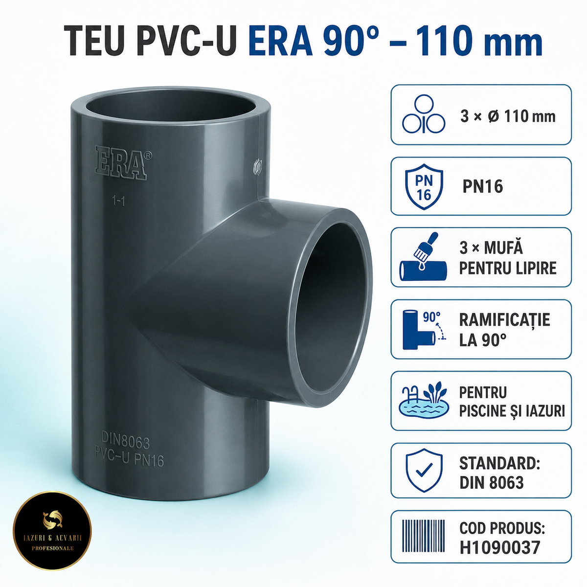 Teu PVC-U ERA 90° Ø110 mm PN16 – 3 mufe pentru lipire