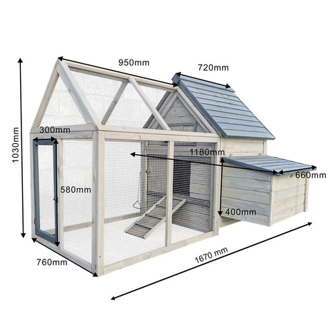 Cușca de găini albastru-gri 167x118x112cm, cutie de cuibar și alergare liberă, lemn