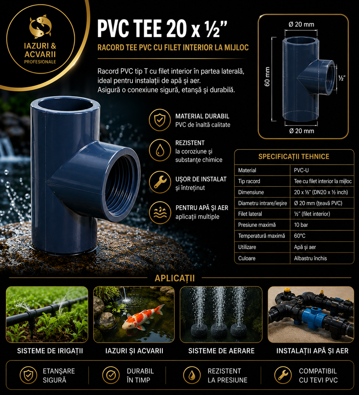Teu din PVC 20 x ½ cu filet interior la mijloc