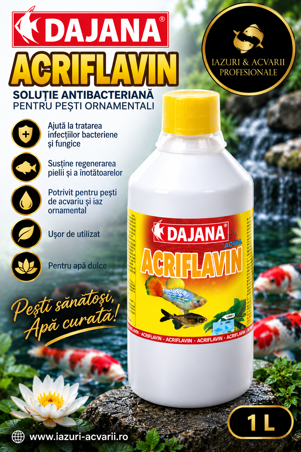 Dajana Acriflavină 1000 ml – Tratament Antifungic și Antiparazitar pentru Acvariu