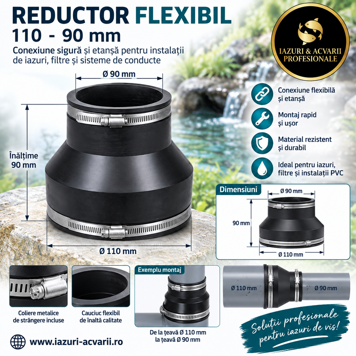 Reductor din cauciuc 110/90 mm pentru țevi și iaz
