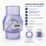 Supapă de sens Valterra 1½″, PVC transparent, cu racorduri demontabile Union